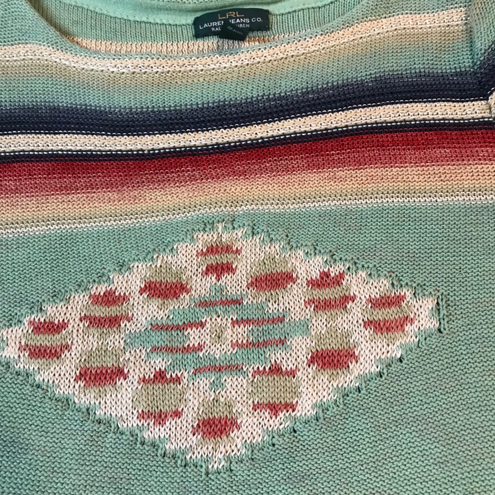 Lauren Ralph Lauren Southwestern Stripe Cotton Linen Knit Sweater Green XL 3/4 - Picture 3 of 16